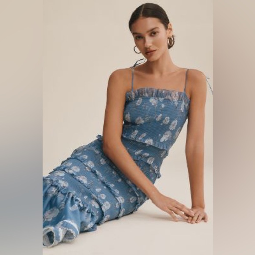 V. CHAPMAN GERANIUM RUCHED & RUFFLED FLOUNCE-HEM STRETCH MIDI DRESS